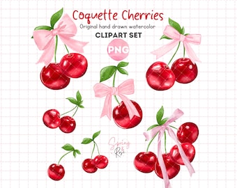 Coquette cerises Png ruban rose noeud aquarelle Clipart Bundle téléchargement numérique cerises rouges noeud rose Coquette esthétique cerise png