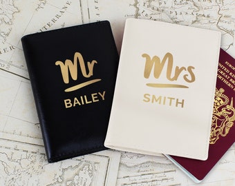 Personalised gold name leather passport holder set and luggage tags,mr & mrs passport holder cover, wedding anniversary honeymoon gift