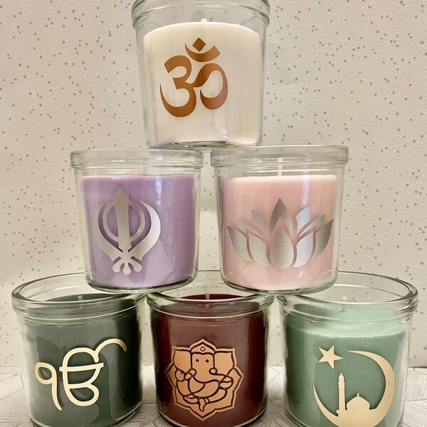 Festive jar candle's, six colours, 2 sizes, hindu, sikh, islamic gifts. ganesh, lotus, ohm, ek onkar, khanda, star & crescent designs