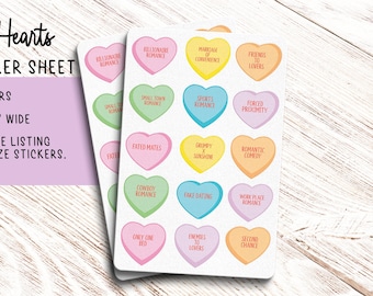Mini hoja de pegatinas de corazones de conversación con tropos románticos - Pegatinas de corazones de caramelo - Pegatinas de libros