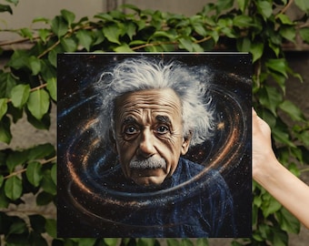 May include: A black and white portrait of Albert Einstein with a swirling galaxy background. The image is a digital illustration.