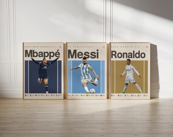 Mbappe Ronaldo Messi Poster Bundler, Voetbal Art Print, Voetbalposter, Mid-Century Modern, Uni Dorm Room