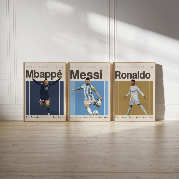 Mbappe Ronaldo Messi Poster Bundler, Soccer Art Print, Affiche de football, Mid-Century Modern, Uni Dorm Room