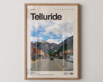 Impresión de Telluride, arte de viaje con fotos reales, póster de Telluride, arte mural minimalista de mediados de siglo, mapa de Telluride, Colorado n.° 1