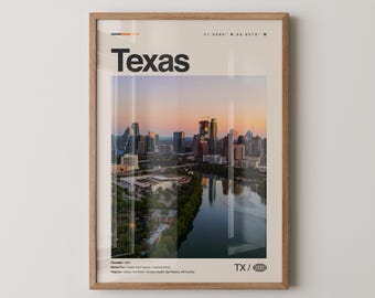 Texas Print, Real Photo Travel Art, Texas Poster, Mid Century Minimal Wall Art, Texas Map, USA No.1