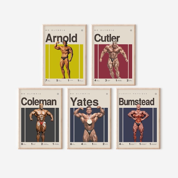 Arnold, Yates, Cutler, Bumstead, Coleman Poster, Bodybuilding Print, Mr Olympia Bundle, Gym Art, Mid-Century Modern,