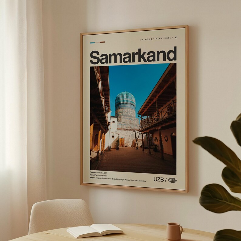 May include: A framed art print featuring a photograph of a building in Samarkand, Uzbekistan. The image shows a blue-domed structure and a narrow street lined with buildings. The word "Samarkand" is printed in large, bold letters at the top.