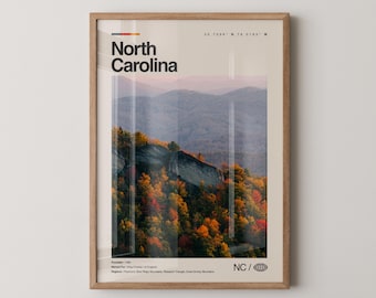 North Carolina Print, Real Photo Travel Art, North Carolina Poster, Mid Century Minimal Wall Art, North Carolina Map, USA