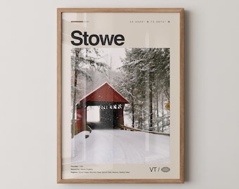 Impresión de Stowe, arte de viaje con fotos reales, póster de Stowe, arte mural minimalista de mediados de siglo, mapa de Stowe, Vermont n.° 2