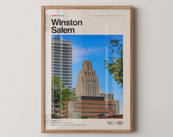 Grafika Winston-Salem, Prawdziwe zdjęcia podróżnicze, Plakat Winston-Salem, Minimalistyczna sztuka ścienna z połowy XX wieku, Mapa Winston-Salem, Karolina Północna