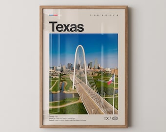 Texas Print, Real Photo Travel Art, Texas Poster, Mid Century Minimal Wall Art, Texas Map, USA No.2