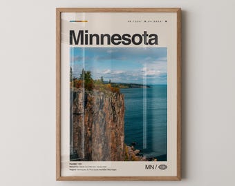 Minnesota Print, Real Photo Travel Art, Minnesota Poster, Mid Century Minimal Wall Art, Minnesota Map, USA