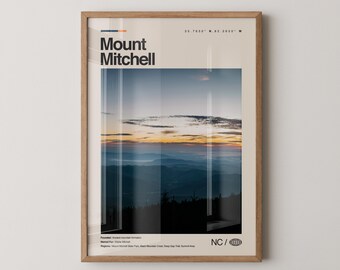 Mount Mitchell Print, Real Photo Travel Art, Mount Mitchell Poster, Mid Century Minimal Wall Art, Mount Mitchell Map, North Carolina