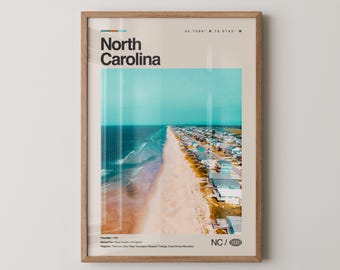 North Carolina Print, Real Photo Travel Art, North Carolina Poster, Mid Century Minimal Wall Art, North Carolina Map, USA