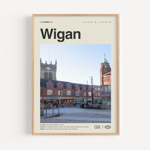Wigan Print Schwarzweiß, Wigan Wandkunst, Wigan Poster, Wigan Foto, Wigan Wanddekoration, Wigan Karte, England, Vereinigtes Königreich