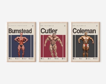 Cutler, Bumstead, Coleman Poster, Bodybuilding Print, Gym Art, Mid-Century Modern, Uni Dorm Room