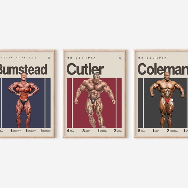 Cutler, Bumstead, Coleman Poster, Bodybuilding Print, Gym Art, Mid-Century Modern, Uni Dorm Room