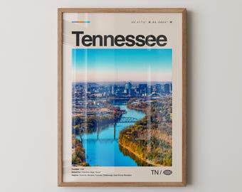Impresión de Tennessee, arte de viaje con fotos reales, póster de Tennessee, arte mural minimalista de mediados de siglo, mapa de Tennessee, EE. UU. n.° 1