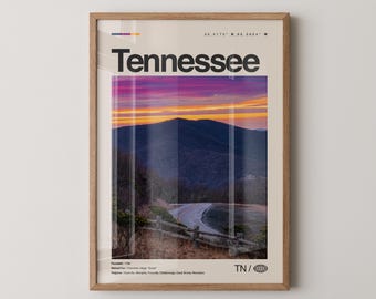 Impresión de Tennessee, arte de viaje con fotos reales, póster de Tennessee, arte mural minimalista de mediados de siglo, mapa de Tennessee, EE. UU. n.° 3