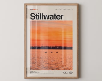 Impresión de Stillwater, arte de viaje con fotos reales, póster de Stillwater, arte mural minimalista de mediados de siglo, mapa de Stillwater, Oklahoma