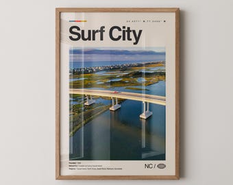 Impresión de Surf City, Arte de viaje con fotos reales, Póster de Surf City, Arte mural minimalista de mediados de siglo, Mapa de Surf City, Carolina del Norte