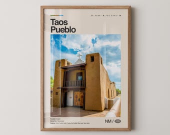 Impresión del Pueblo de Taos, Arte de viaje con fotos reales, Póster del Pueblo de Taos, Arte mural minimalista de mediados de siglo, Mapa del Pueblo de Taos, Nuevo México