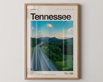 Impresión de Tennessee, arte de viaje con fotos reales, póster de Tennessee, arte mural minimalista de mediados de siglo, mapa de Tennessee, EE. UU. n.° 5