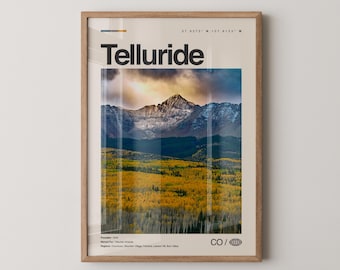 Impresión de Telluride, arte de viaje con fotos reales, póster de Telluride, arte mural minimalista de mediados de siglo, mapa de Telluride, Colorado n.° 2