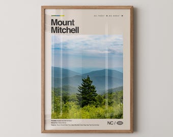 Mount Mitchell Print, Real Photo Travel Art, Mount Mitchell Poster, Mid Century Minimal Wall Art, Mount Mitchell Map, North Carolina