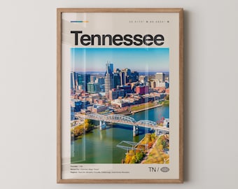 Impresión de Tennessee, arte de viaje con fotos reales, póster de Tennessee, arte mural minimalista de mediados de siglo, mapa de Tennessee, EE. UU. n.° 2