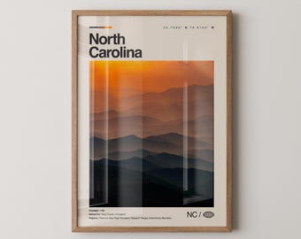 North Carolina Print, Real Photo Travel Art, North Carolina Poster, Mid Century Minimal Wall Art, North Carolina Map, USA