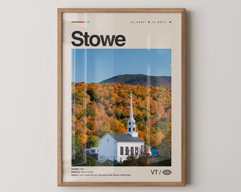 Impresión de Stowe, arte de viaje con fotos reales, póster de Stowe, arte mural minimalista de mediados de siglo, mapa de Stowe, Vermont n.° 3