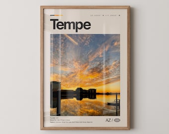 Impresión de Tempe, arte de viaje con fotos reales, póster de Tempe, arte mural minimalista de mediados de siglo, mapa de Tempe, Arizona n.° 2
