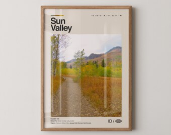 Impresión de Sun Valley, arte de viaje con fotos reales, póster de Sun Valley, arte mural minimalista de mediados de siglo, mapa de Sun Valley, Idaho