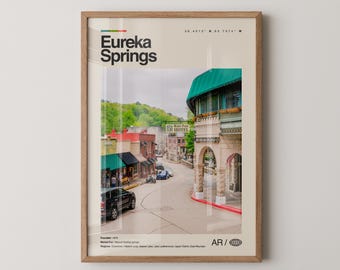 Eureka Springs-print, echte foto-reiskunst, Eureka Springs-poster, minimalistische muurkunst uit het midden van de eeuw, kaart Eureka Springs, Arkansas