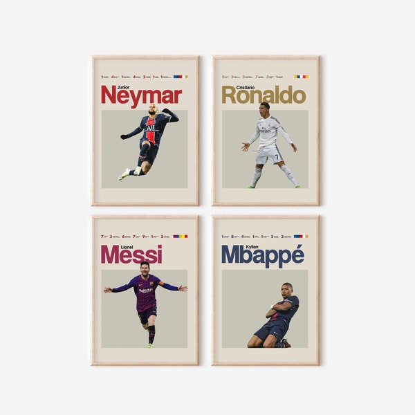 Mbappe Ronaldo Messi Neymar Poster Bundler, Soccer Art Print, Football Poster, Mid-Century Modern, Uni Dorm Room