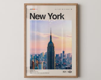 New York Print, Real Photo Travel Art, New York Poster, Mid Century Minimal Wall Art, New York Map, USA