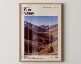 Impresión de Sun Valley, arte de viaje con fotos reales, póster de Sun Valley, arte mural minimalista de mediados de siglo, mapa de Sun Valley, Idaho n.° 2
