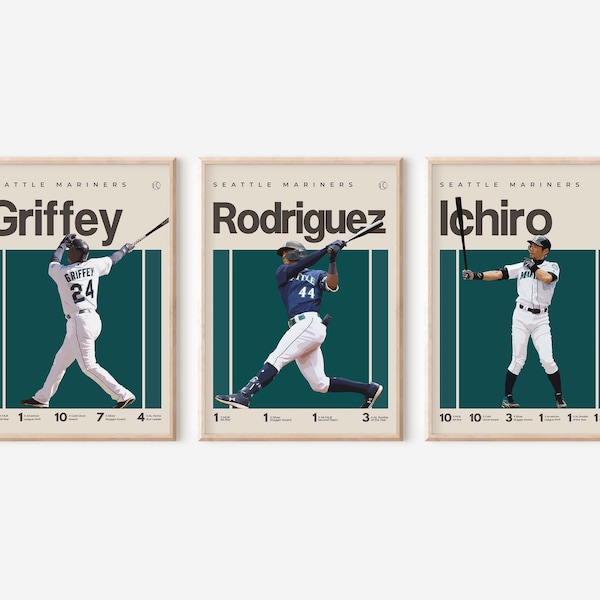 Seattle Mariners Bundle, Griffey Jr, Ichiro & Rodriguez Inspired Poster, Art Print, MLB Poster, Mid-Century Modern, Uni Dorm Room