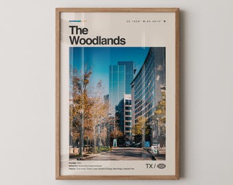 Impresión de The Woodlands, arte de viaje con fotos reales, póster de The Woodlands, arte mural minimalista de mediados de siglo, mapa de The Woodlands, Texas