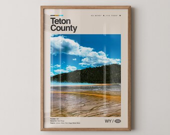 Impresión del condado de Teton, arte de viaje con fotos reales, póster del condado de Teton, arte mural minimalista de mediados de siglo, mapa del condado de Teton, Wyoming n.° 2