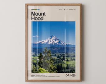May include: Framed print of Mount Hood, a snow-covered volcanic mountain under a blue sky. The print includes the text "Mount Hood" and coordinates. The foreground shows green trees and fields. The frame is light brown.