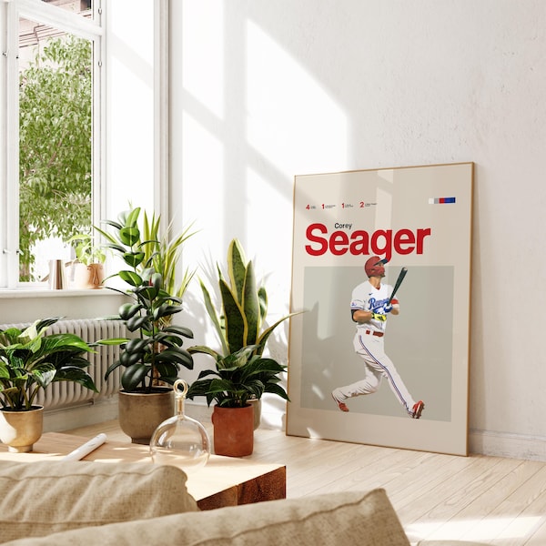 Corey Seager Inspired Poster, Texas Rangers Art Print, MLB Poster, Mid-Century Modern, Uni Dorm Room