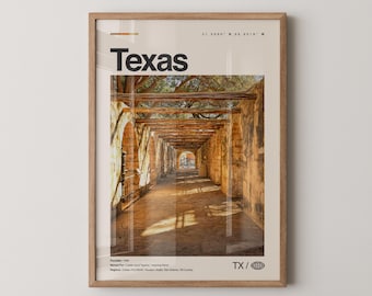 Impresión de Texas, arte de viaje con fotos reales, póster de Texas, arte mural minimalista de mediados de siglo, mapa de Texas, EE. UU. n.° 3