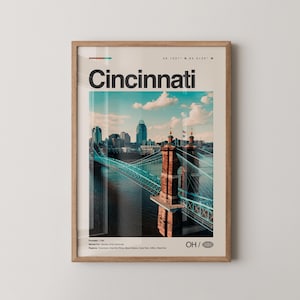 Può includere: Una stampa artistica incorniciata con Cincinnati, che mostra lo skyline della città e un ponte. La parola "Cincinnati" è visualizzata in modo prominente. La stampa è in una cornice di legno, offrendo un'estetica classica.