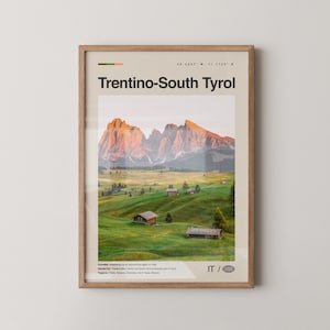 Trentino Sydtyrolen-tryck svartvitt, Trentino Sydtyrolen-väggkonst, Trentino-affisch, foto, väggdekor, Trentino Sydtyrolen-karta