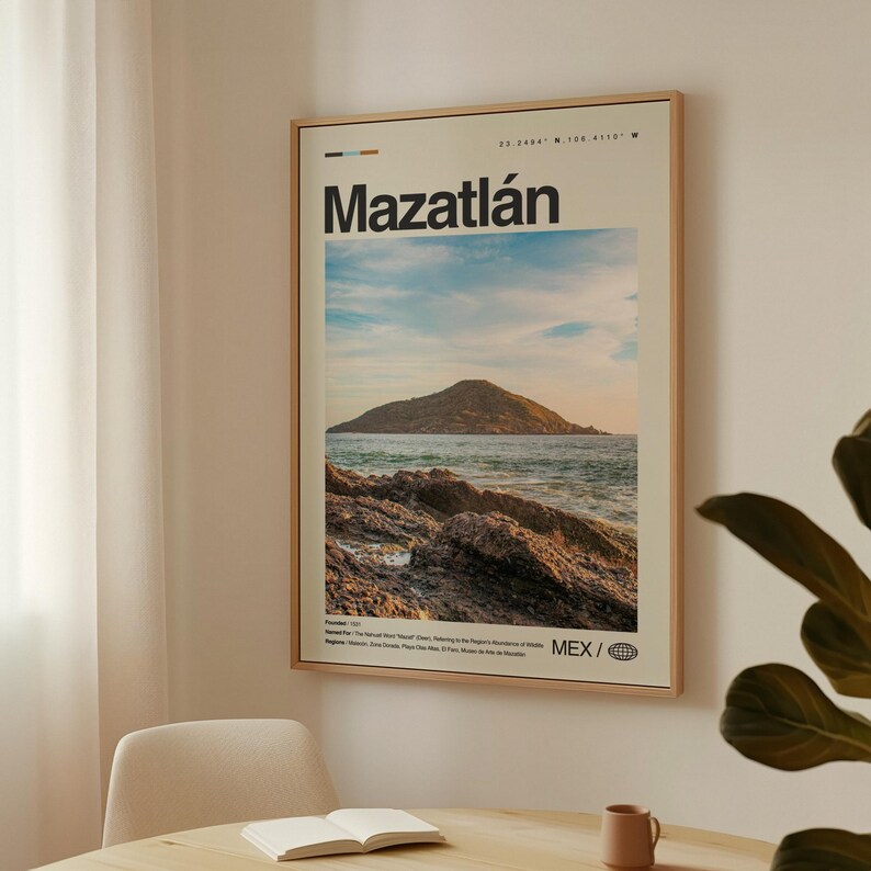 May include: A vintage-style travel poster featuring a scenic view of Mazatl&aacute;n, Mexico. The poster has a beige background with brown text and a brown frame. The image shows a rocky beach with a small island in the distance. The text on the poster reads "Mazatl&aacute;n" and includes the coordinates "23.2484&deg; N, 106.4110&deg; W".