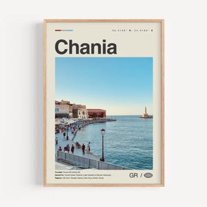 Impresión en blanco y negro de Chania, arte mural de Chania, póster de Chania, fotografía de Chania, decoración de pared de Chania, mapa de Chania, Grecia