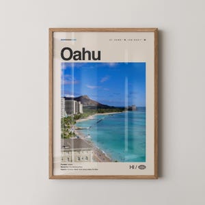 May include: A framed poster featuring a scenic view of Oahu, Hawaii, with the word "Oahu" in large black letters. The image shows a beach, buildings, and mountains under a blue sky. The poster includes the text "HI / 🌐".