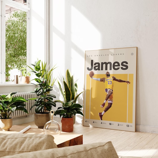 Lebron James Inspired Poster, LA Lakers Art Print, Basketball Poster, NBA Mid-Century Modern, Uni Dorm Room